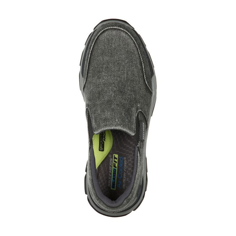 Top view of a single black Skechers Falston Charcoal Canvas slip-on shoe with a green insole.