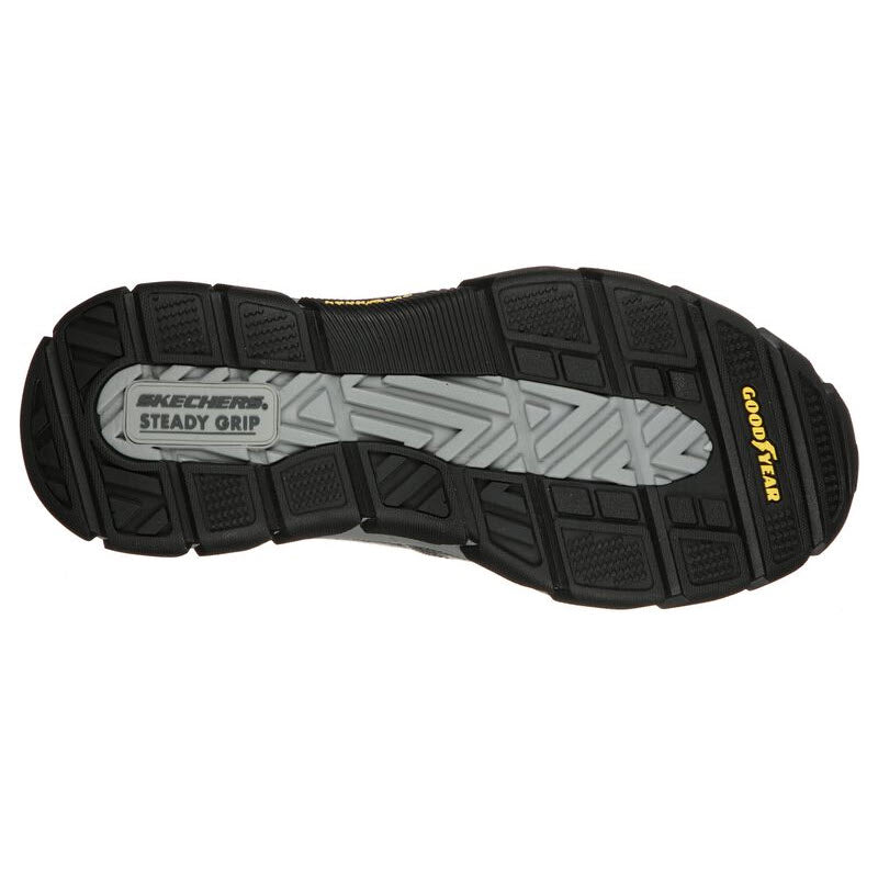 Tread pattern of a Skechers FALSTON CHARCOAL CANVAS - MENS work shoe with slip-resistant &#39;steady grip&#39; sole.
