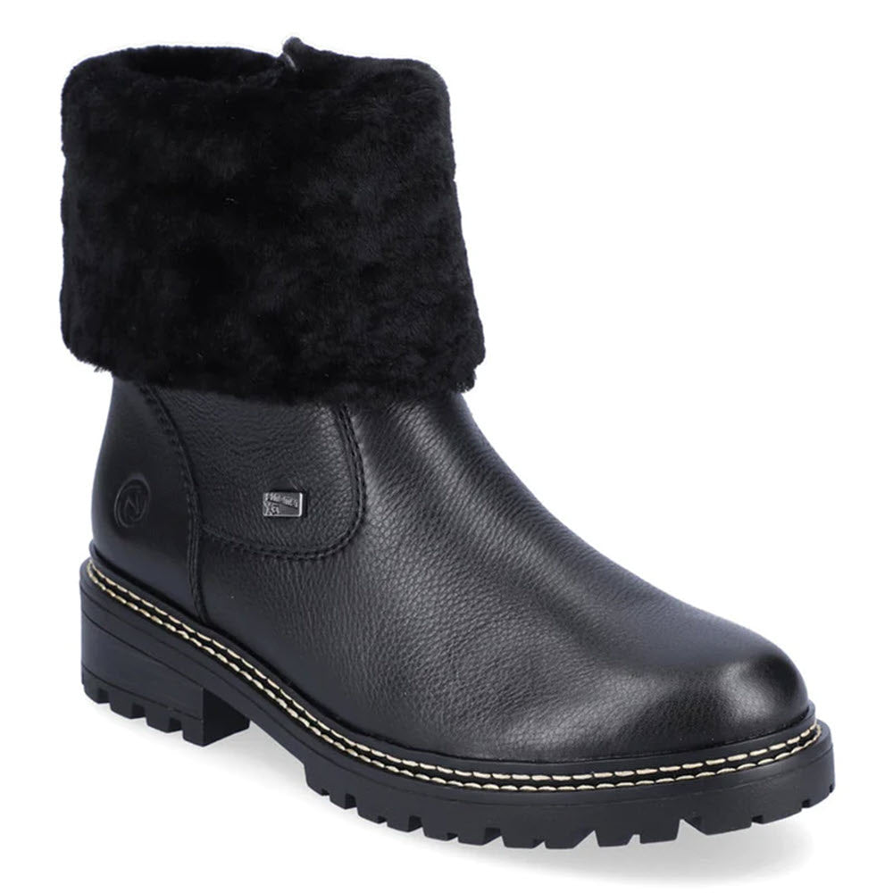 Remonte black leather ankle boot with a faux fur cuff and a chunky sole.