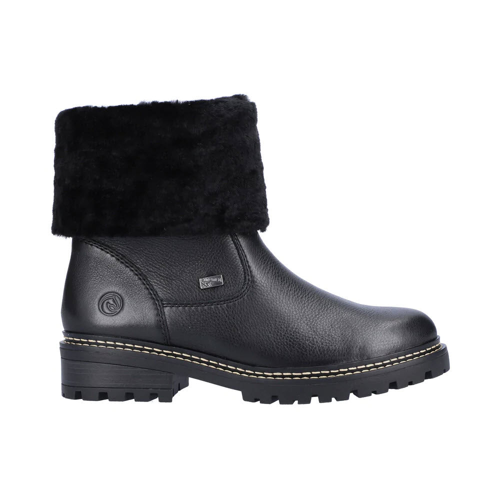 Remonte black leather ankle boot with fur trim and thick treaded sole.