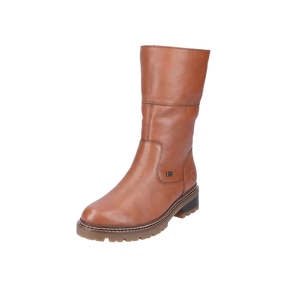 A single Remonte tan leather mid-calf winter boot with a chunky sole and a small logo on the side, shown against a white background.