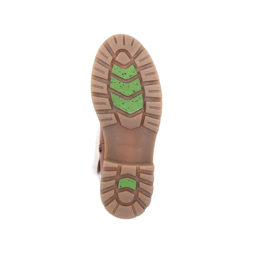 Bottom view of a Remonte winter boot showing a brown sole with green inserts and tread pattern.