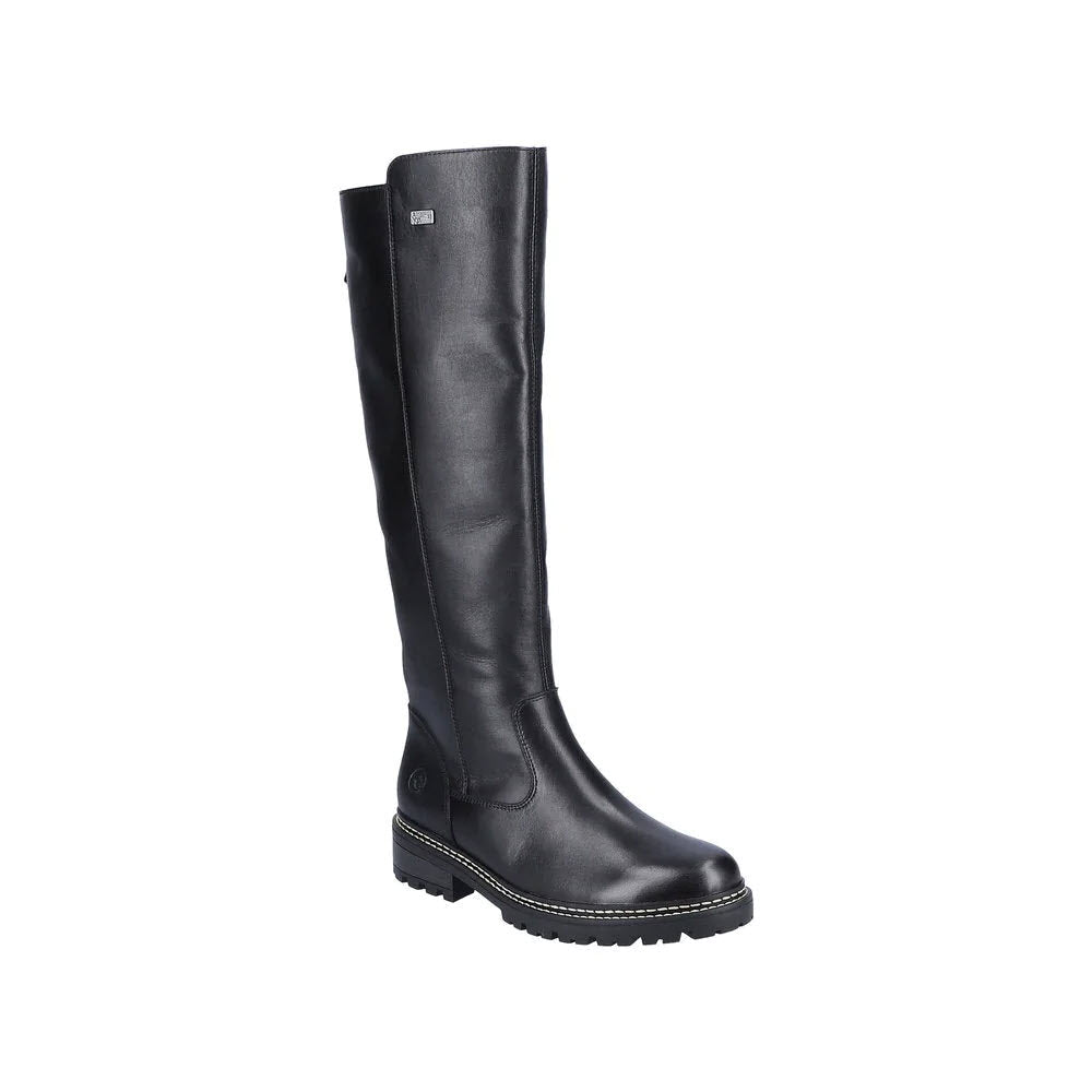 A single black Remonte Lug Sole Tall Boot with a low heel and round toe, isolated on a white background.
