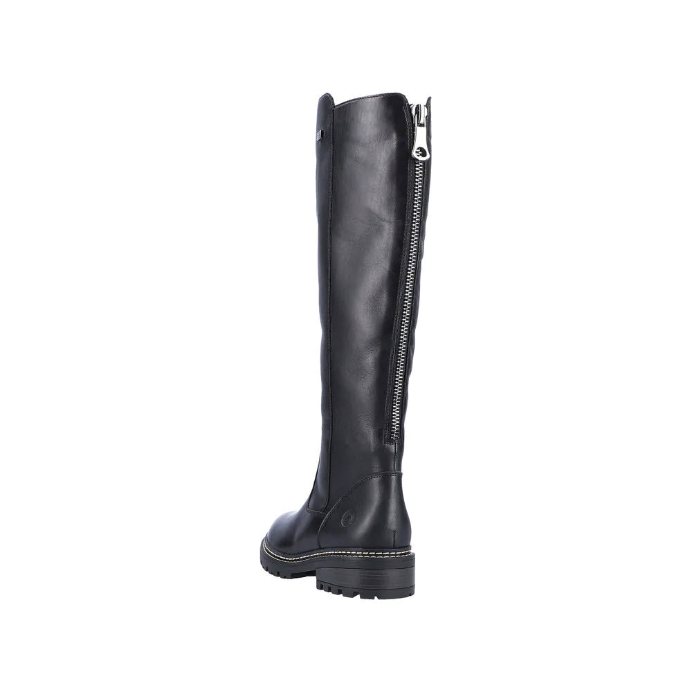 Black leather Remonte Lug Sole Tall Boot with a full-length zipper on a white background.