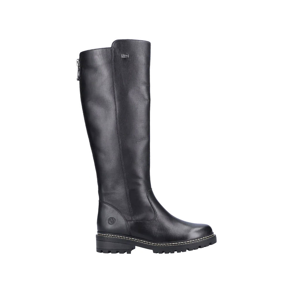 Black leather knee-high boot with a side zipper and a low heel, perfect as Remonte Lug Sole Tall Boot Black - Women's.