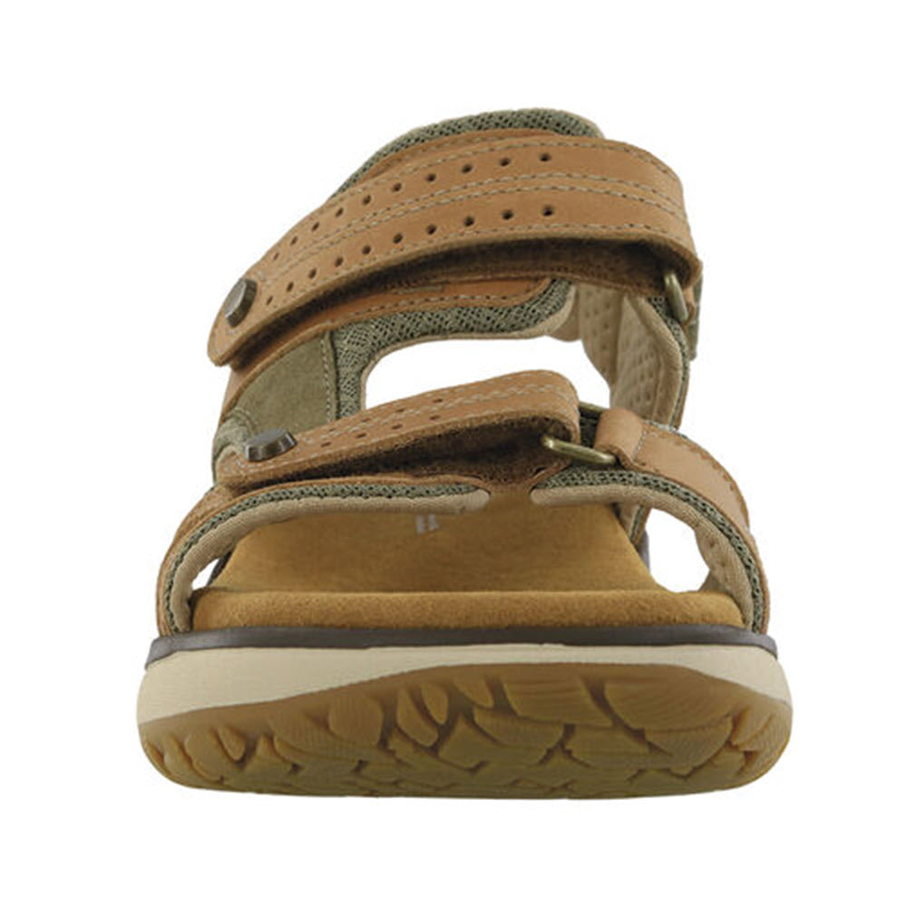 A cushioned insole SAS EMBARK SANDAL LIVE OAK - WOMENS brown leather sandal isolated on a white background.