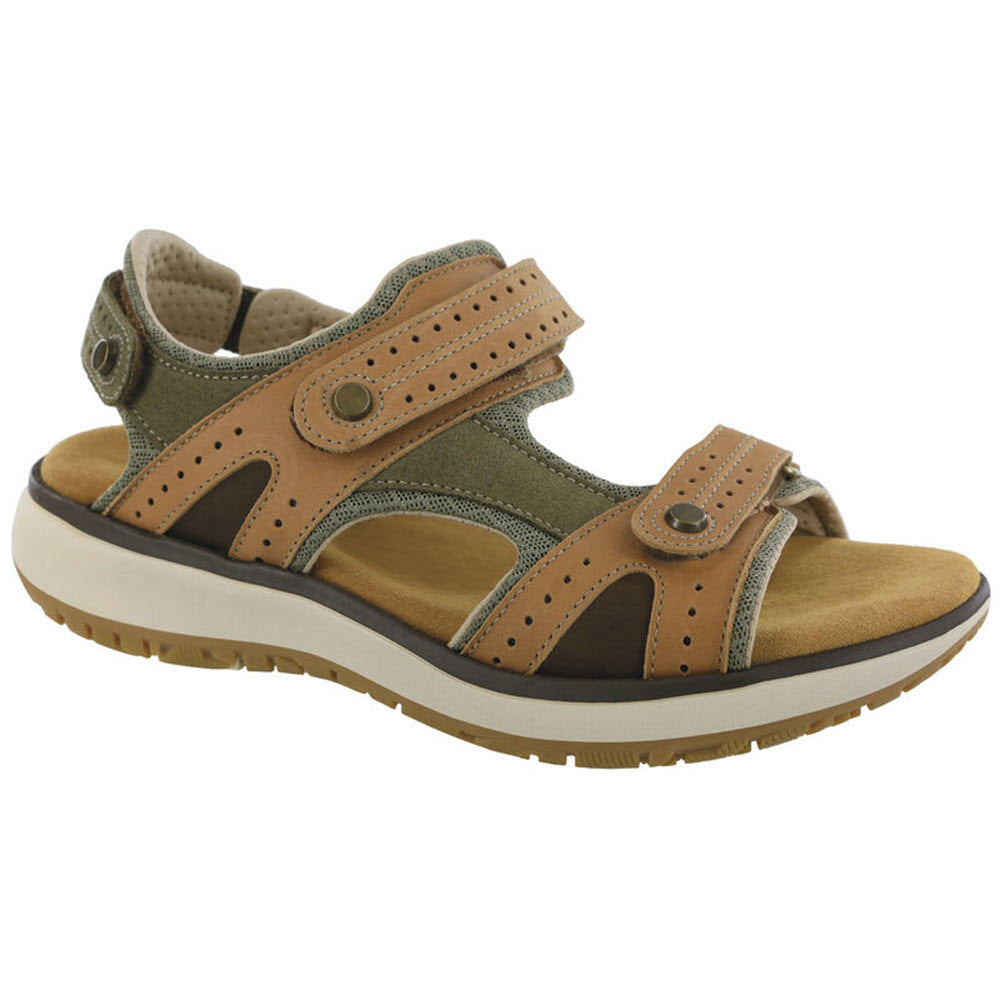 Men&#39;s brown and green cushioned insole SAS EMBARK SANDAL LIVE OAK sports sandal with velcro straps.