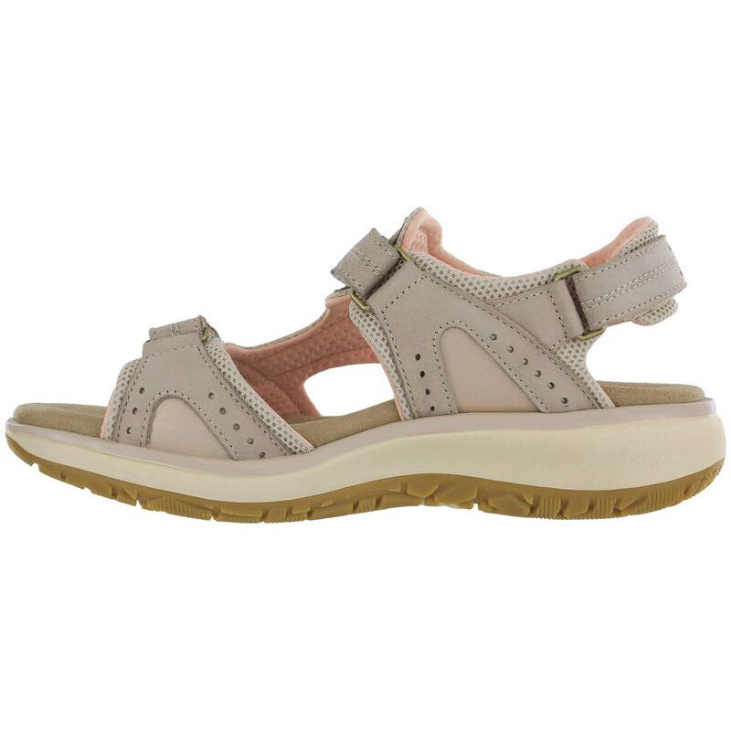 A side view of a beige, outdoorsy SAS EMBARK SANDAL TAUPE - WOMENS with adjustable straps.