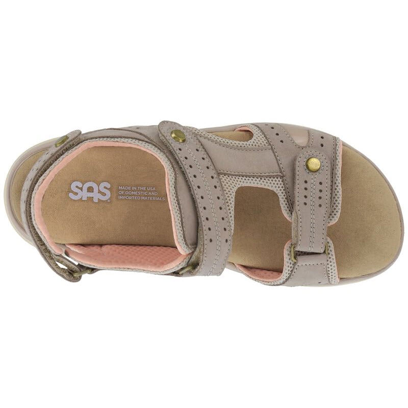 Beige outdoorsy SAS EMBARK SANDAL TAUPE - WOMENS with cut-out details and adjustable straps, featuring a cushioned insole.
