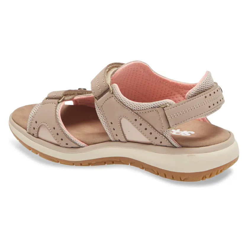 A single taupe sporty sandal with a closed toe and an adjustable hook-and-loop strap.