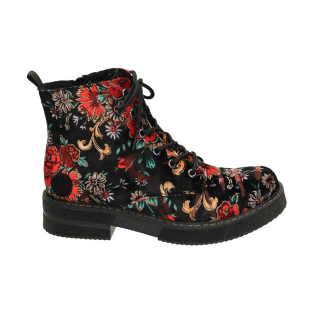A Rieker floral-patterned lace-up combat bootie with red and orange flowers and green leaves on a black background, isolated on white.