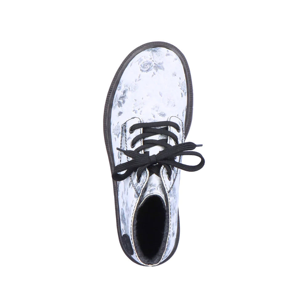 A single Rieker metallic silver lace-up low boot with black laces viewed from the top against a white background.