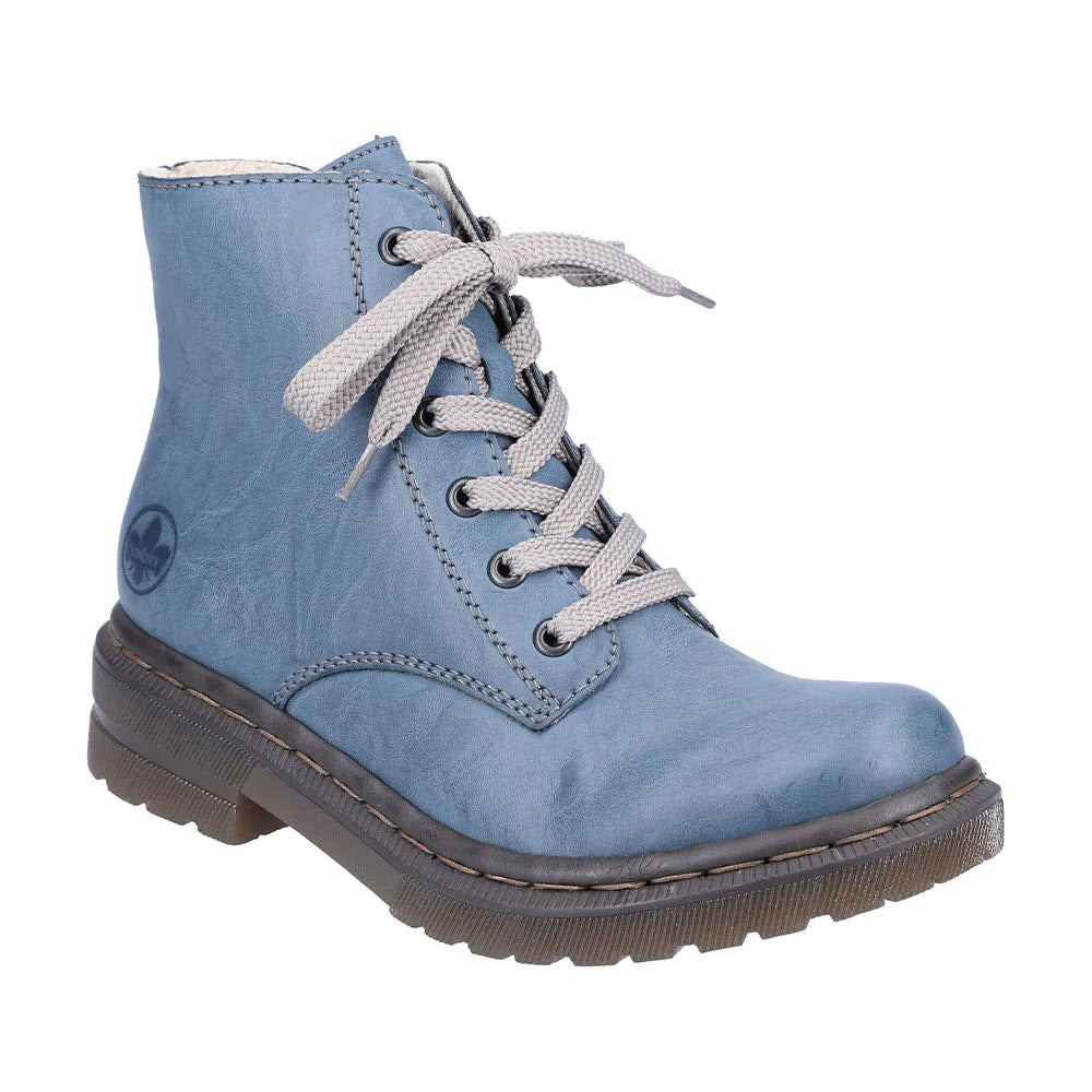 Blue leather Rieker combat bootie with lace-up fastening, featuring a round logo on the side and a rugged sole.