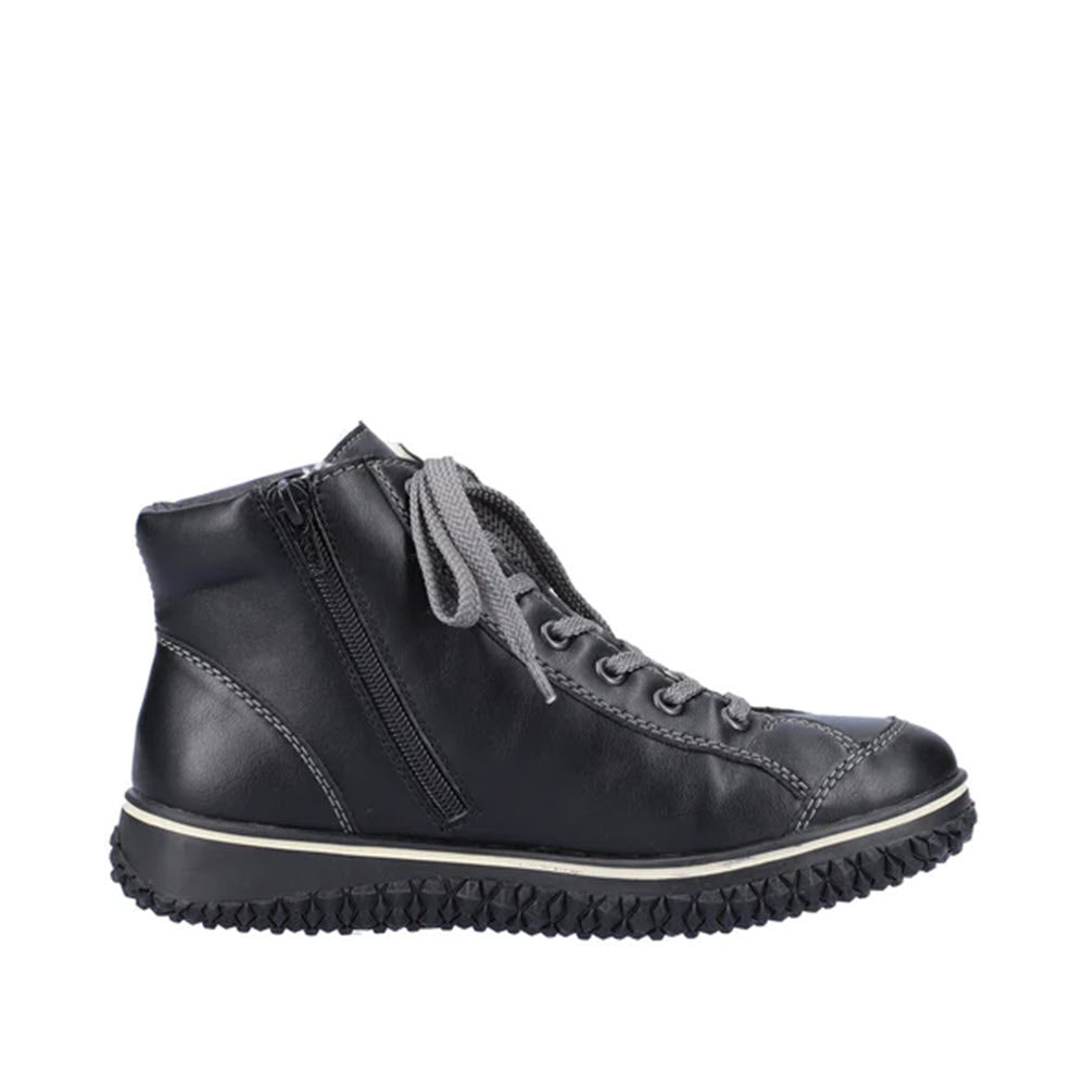 Rieker: RIEKER PUFF HIGH TOP BLACK - WOMENS: Black leather high-top sneaker with laces and side zipper, designed for comfort and flexibility, on a white background.