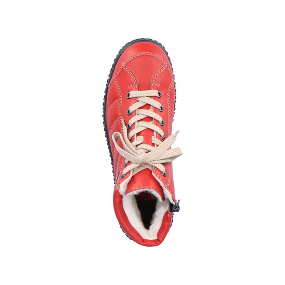 Top view of a Rieker Puff High Top Flame shoe with beige laces, a waterproof membrane, and a fluffy interior, isolated on a white background.