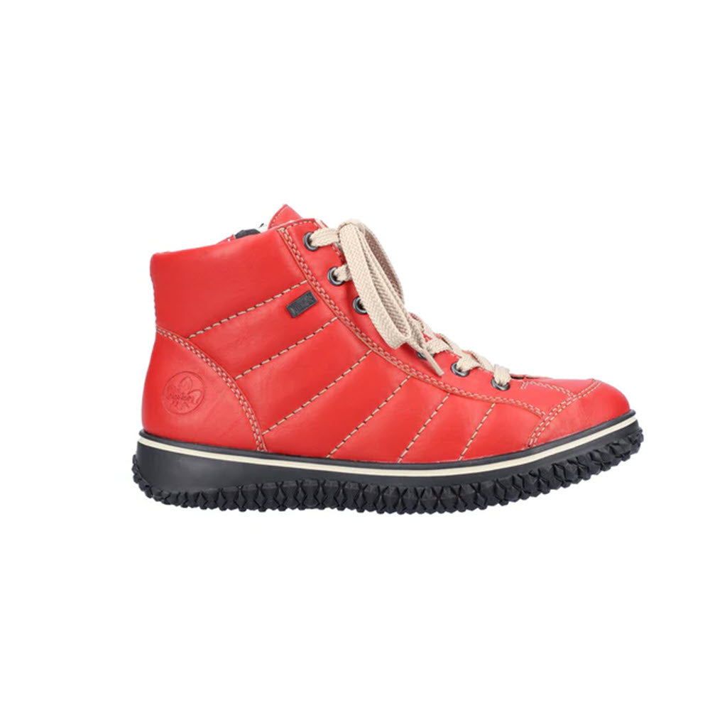 A red high-top sneaker with cream laces, a round emblem on the side, and a thick black sole, featuring a waterproof membrane, isolated on a white background. 
Product Name: RIEKER PUFF HIGH TOP FLAME - WOMENS
Brand Name: Rieker