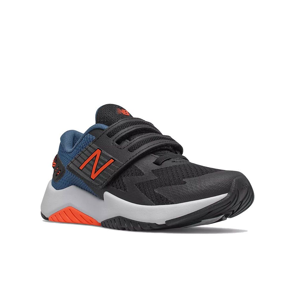 A black and gray New Balance Rave Run Hook &amp; Loop kids&#39; running shoe with blue and orange accents, featuring a breathable mesh upper.