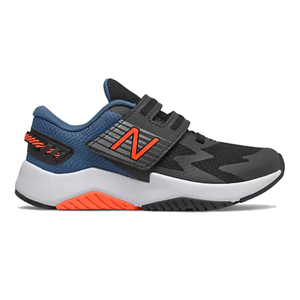 A breathable mesh upper black New Balance Rave Run Hook &amp; Loop kids&#39; running shoe with velcro straps and orange accents.