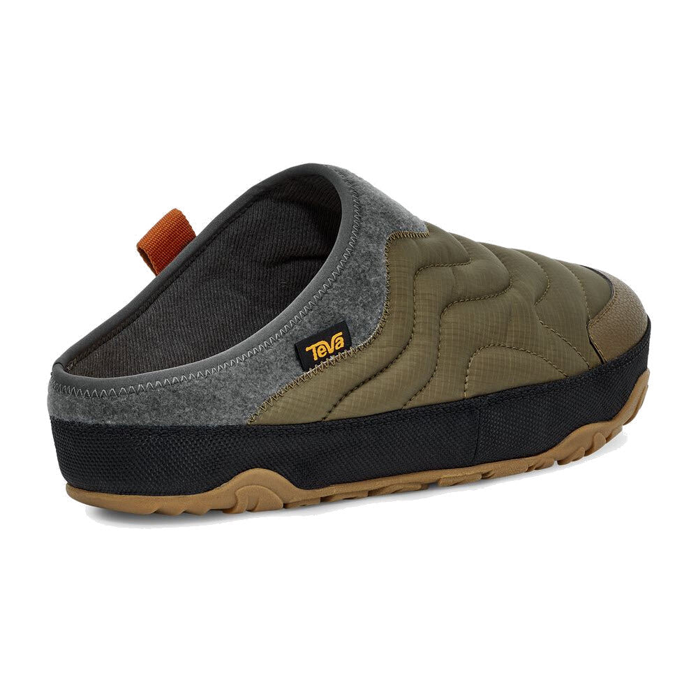 Quilted slip-on Teva ReEmber Terrain Dark Olive shoe with a gray and olive upper, and tan rubber sole.