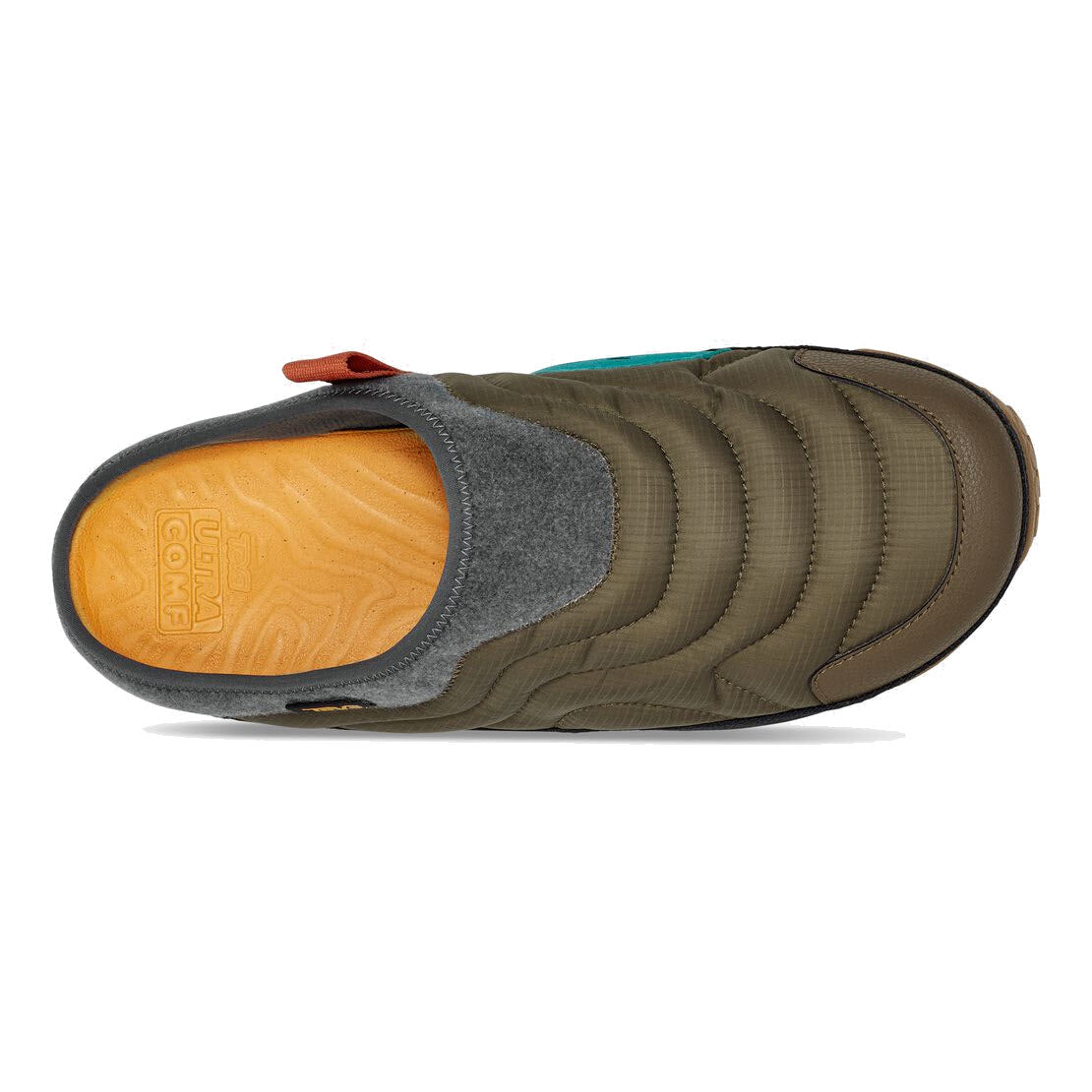 Slip-on shoe with quilted upper and contrasting sole displayed from a top-down view, featuring a Teva ULTRA-COMPF insole for added comfort.