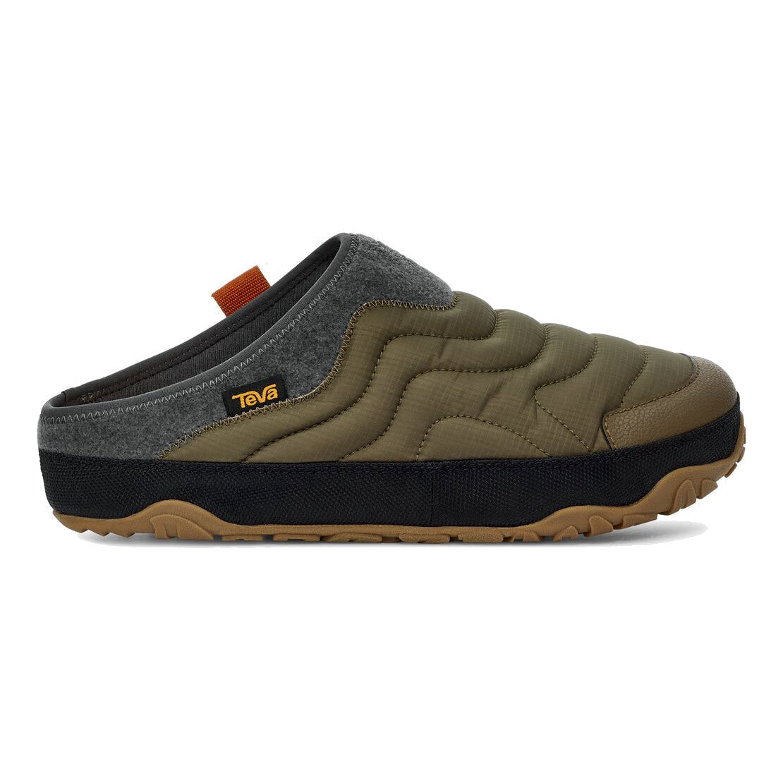 Side view of a dark olive TEVA REEMBER TERRAIN slip-on shoe with a ULTRA-COMFY insole and rubber sole.