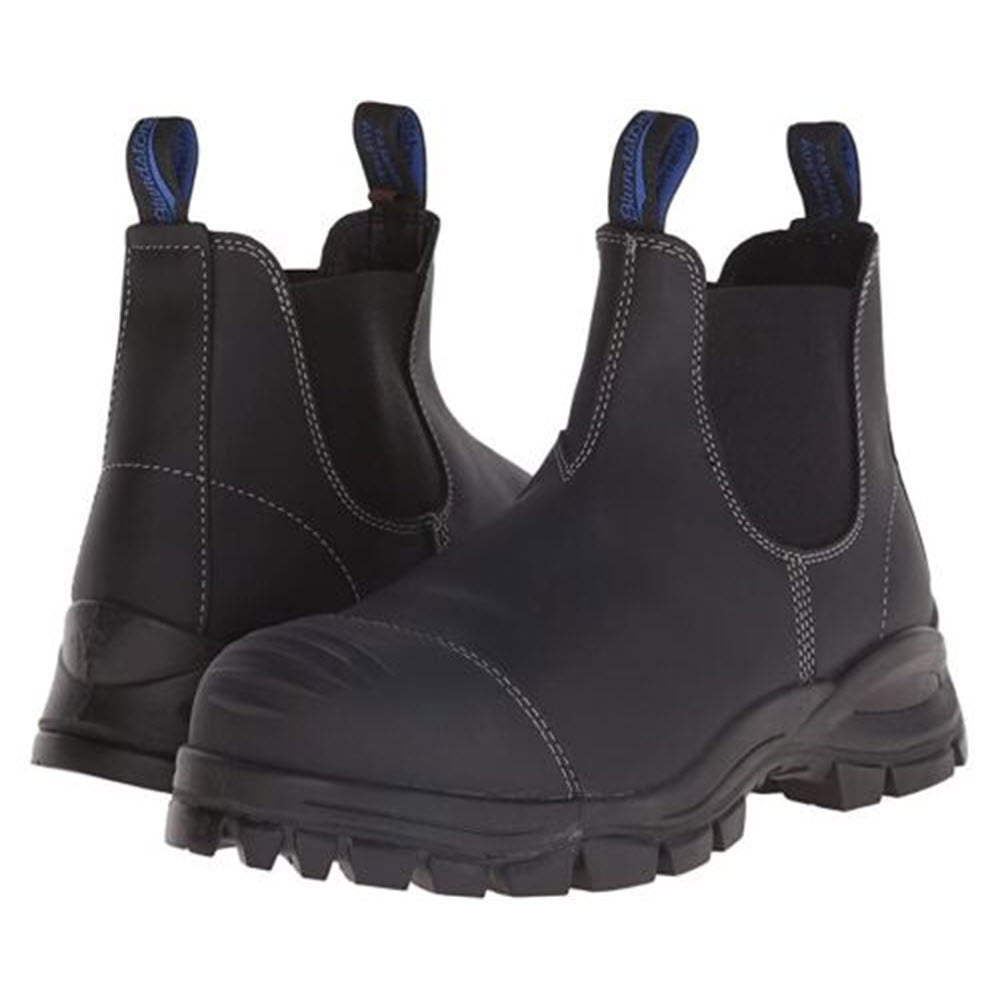 A pair of BLUNDSTONE 990 STEEL TOE BLACK - MENS work boots with steel toes and thick soles.