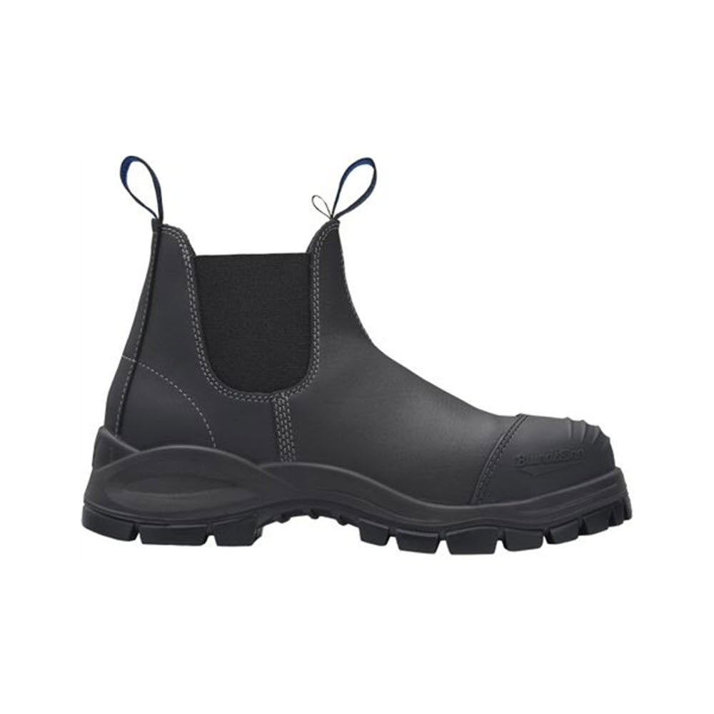 A Blundstone 990 Steel Toe Black ankle-high boot with pull-on loops and slip-resistant soles.