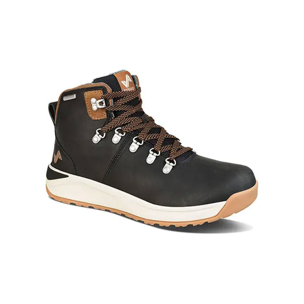 A single Forsake Halden Mid Black Tan waterproof hiking sneaker with brown detailing and white sole on a white background.