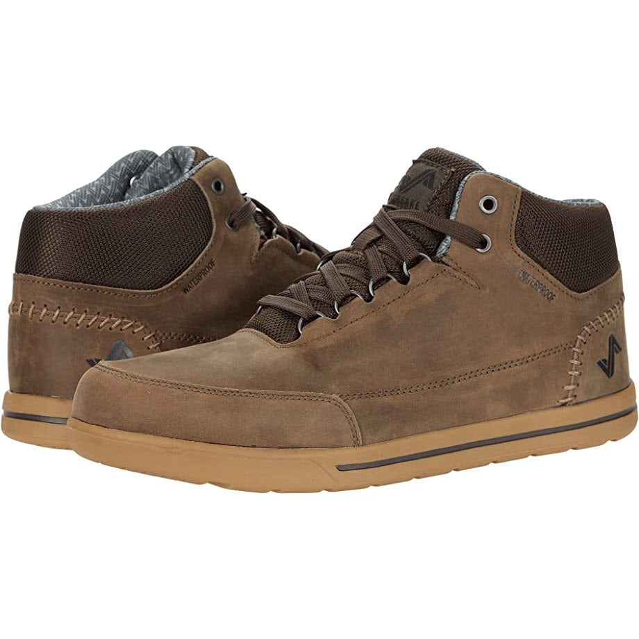 A pair of brown men&#39;s high-top Forsake Phil Mid sneakers, crafted from full grain leathers, with laces.