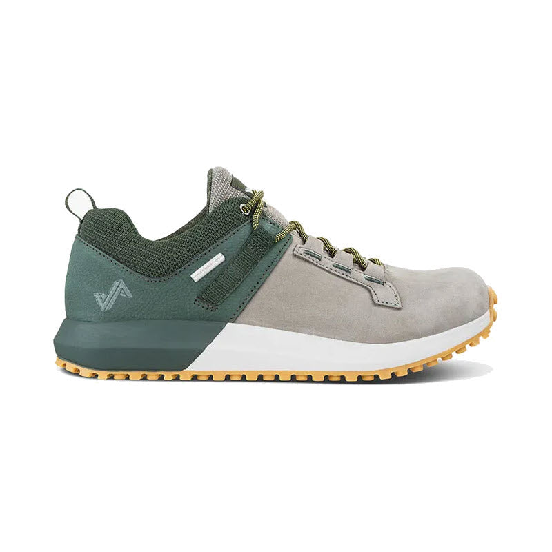 A side view of a Forsake Range Low Olive Grey hiking sneakerboot with green accents and a yellow Vibram® Megagrip outsole.