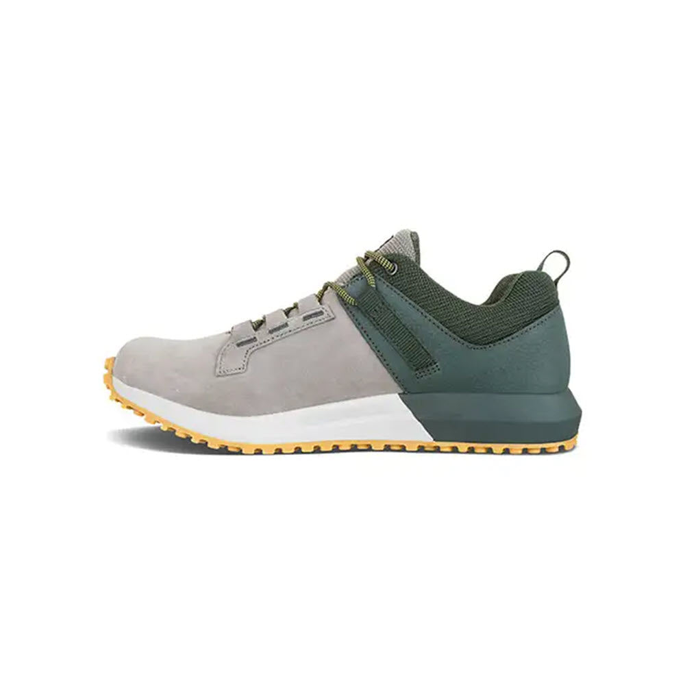 Modern Forsake Range Low Gunmetal sneakerboots with a grey and green color scheme on a white background, featuring a waterproof/breathable membrane.