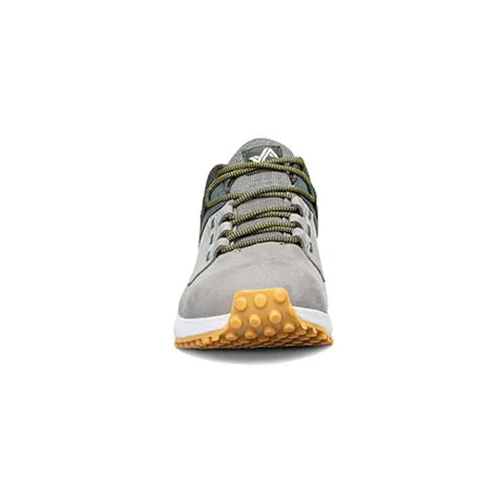 Front view of a grey and green Forsake Range Low Gunmetal - Mens sneaker with a yellow Vibram® Megagrip outsole.