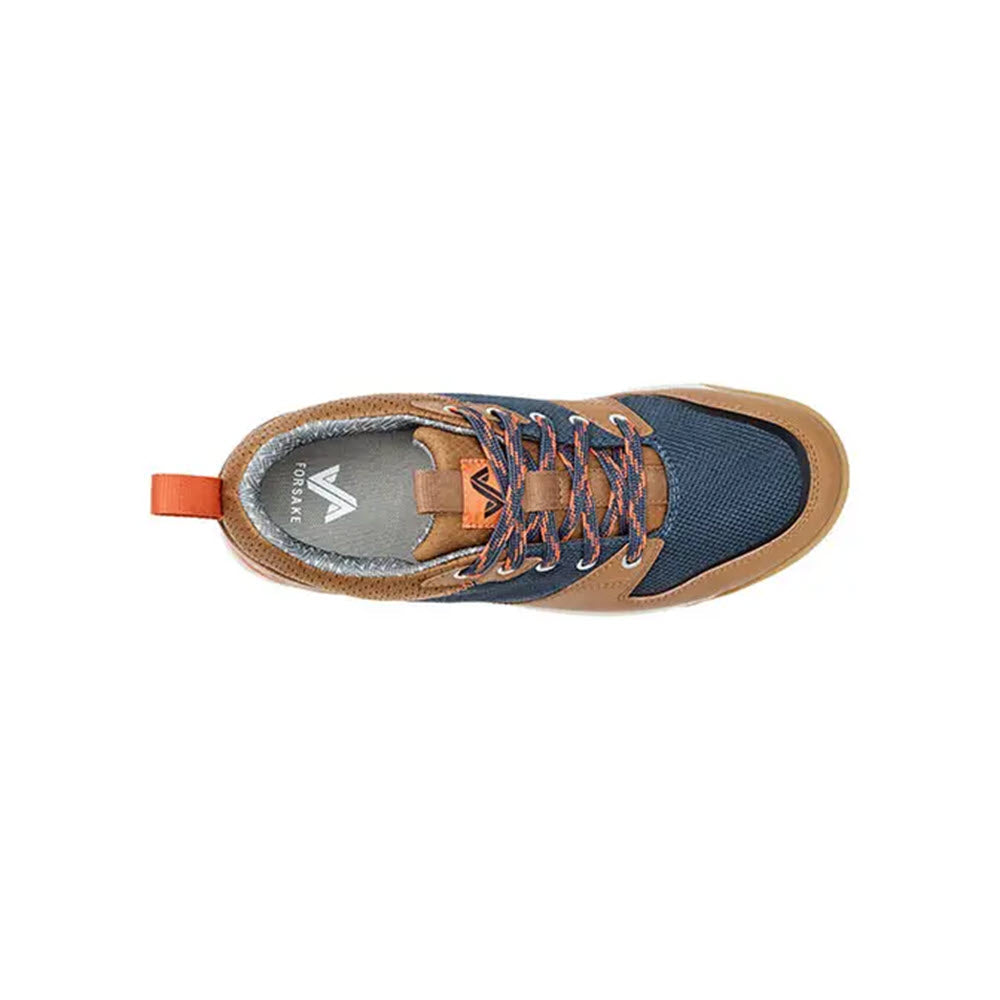 Top view of a single Forsake Banks Low Navy Multi - Mens sneakerboot with orange laces and a Peak-to-Pavement outsole.