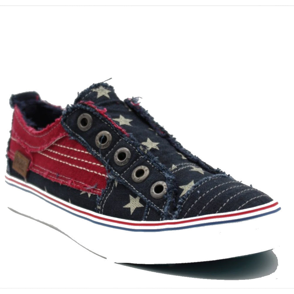 A single, distressed-style sneaker from Blowfish Play with star patterns and stripes, suggesting an American flag design, perfect for casual warm weather looks, displayed against a white background.