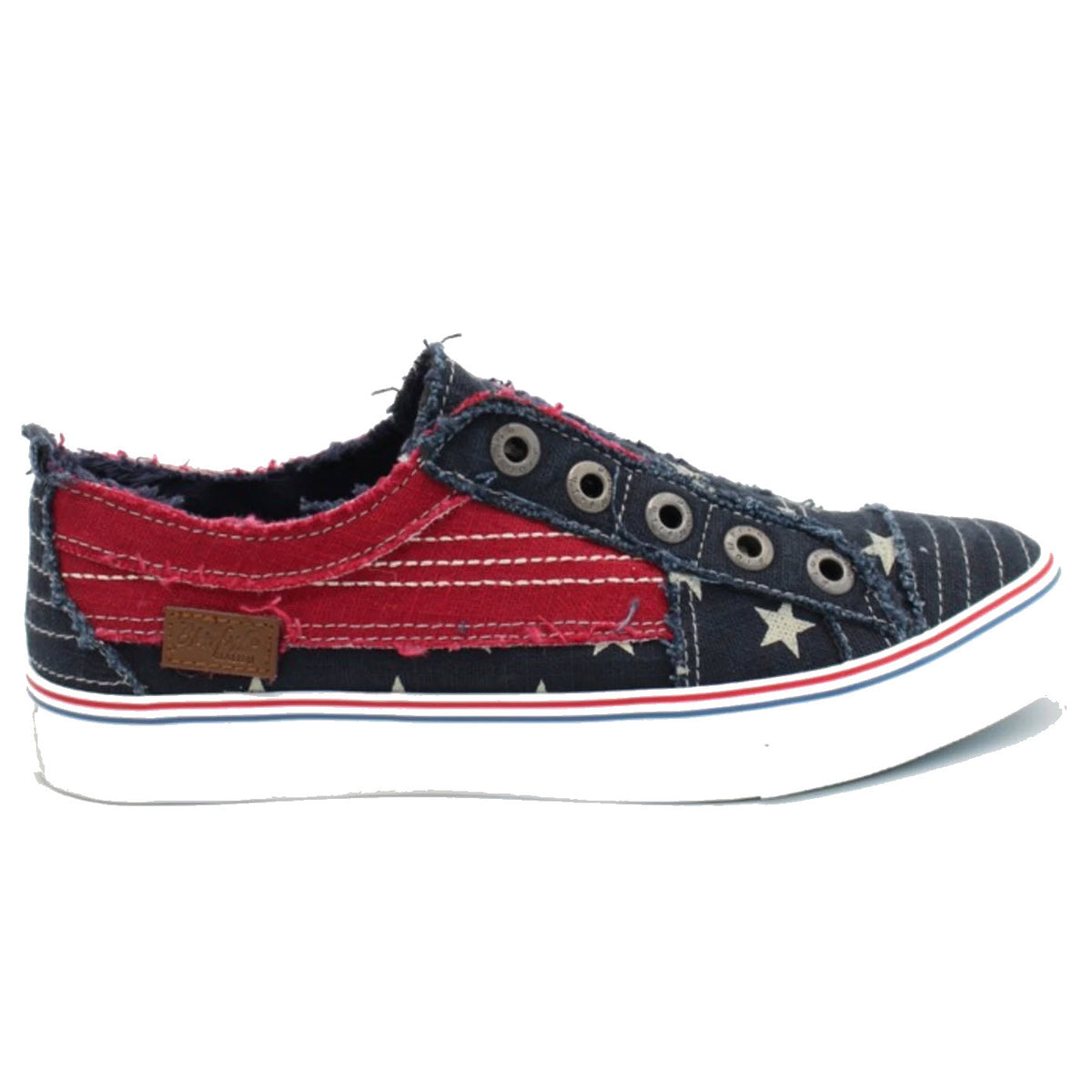 Side view of a casual Blowfish Play Stars and Stripes Navy/Red sneaker with a star design and frayed edges.