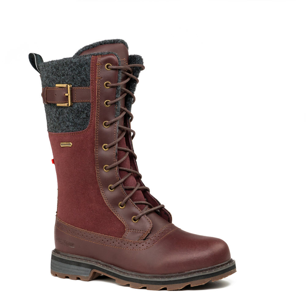 NexGrip Ice Jenna Burgundy Repel - Womens boot with gray wool cuffs and lace-up front, isolated on a white background.