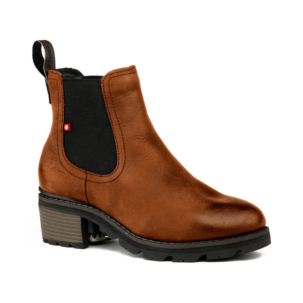 A Morgan Cognac Chelsea boot with black elastic side panels and a waterproof membrane, featuring a low, stacked heel, isolated on a white background.