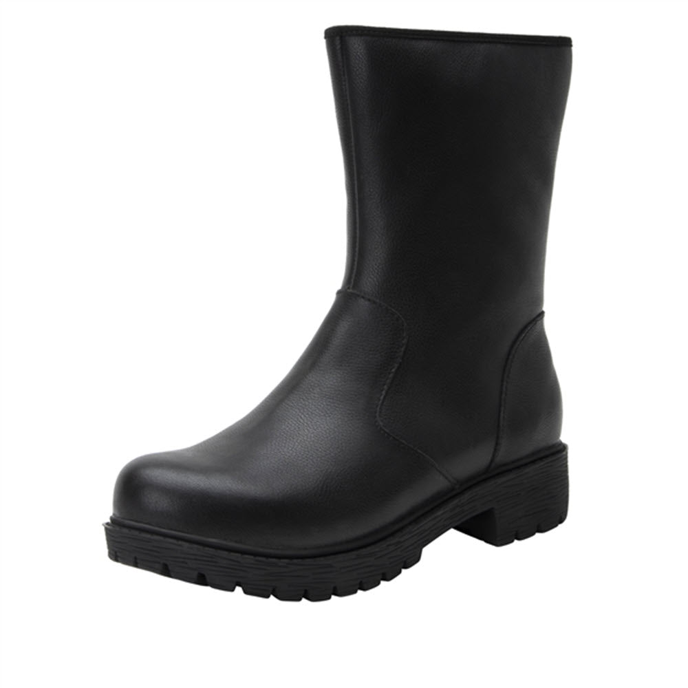 Alegria black leather mid-calf boot with a chunky heel, treaded sole, and an ergonomically designed footbed.