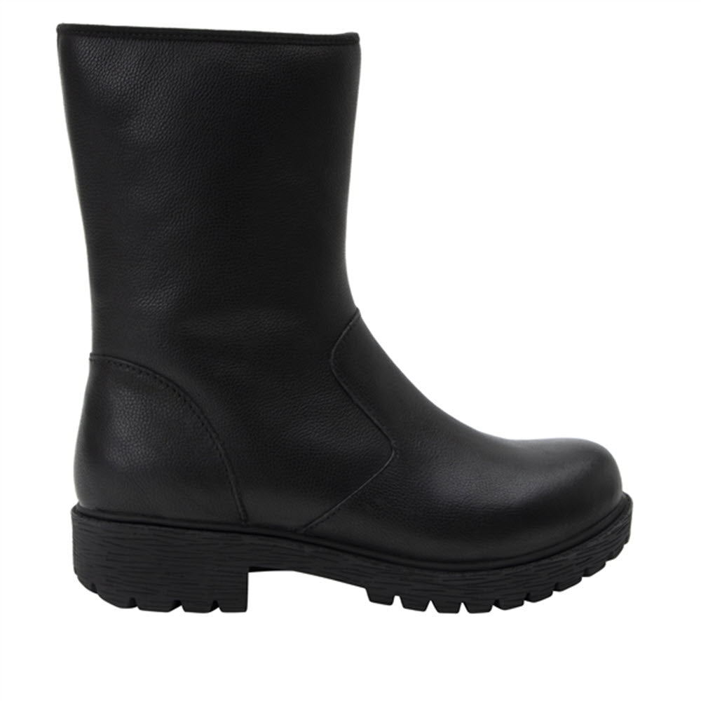 Black leather mid-calf boot with a chunky sole and Sherpa lined interior, displayed against a white background, Alegria Chalet Upgrade - Womens.