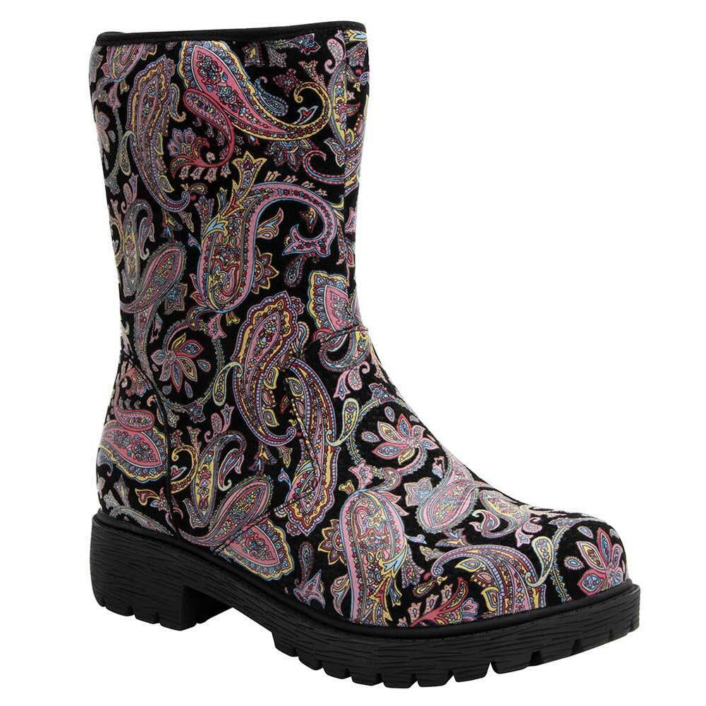 Patterned leather mid-calf boot with paisley design on a white background, the Alegria Chalet Groovy Baby - Womens.
