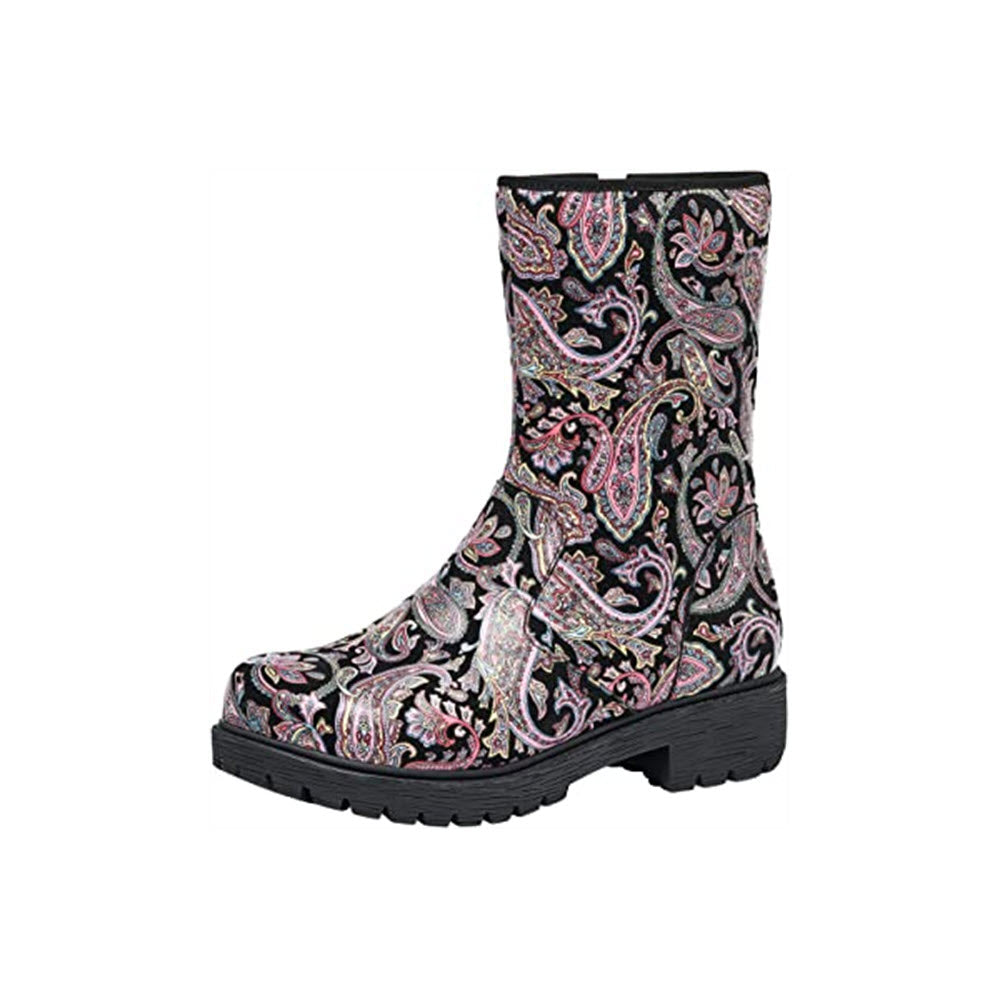 Alegria Sherpa-lined, patterned rain boot on a white background.