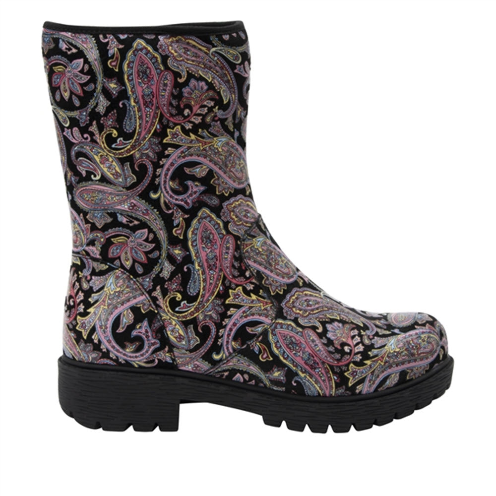 Patterned Alegria Sherpa-lined rain boot against a white background.