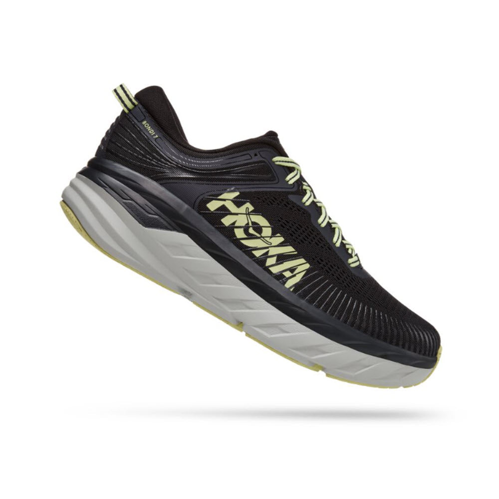 Black and gray cushioned Hoka Bondi 7 Blue Graphite/Butterfly road running shoe with prominent brand logo on the side, isolated on a white background.
