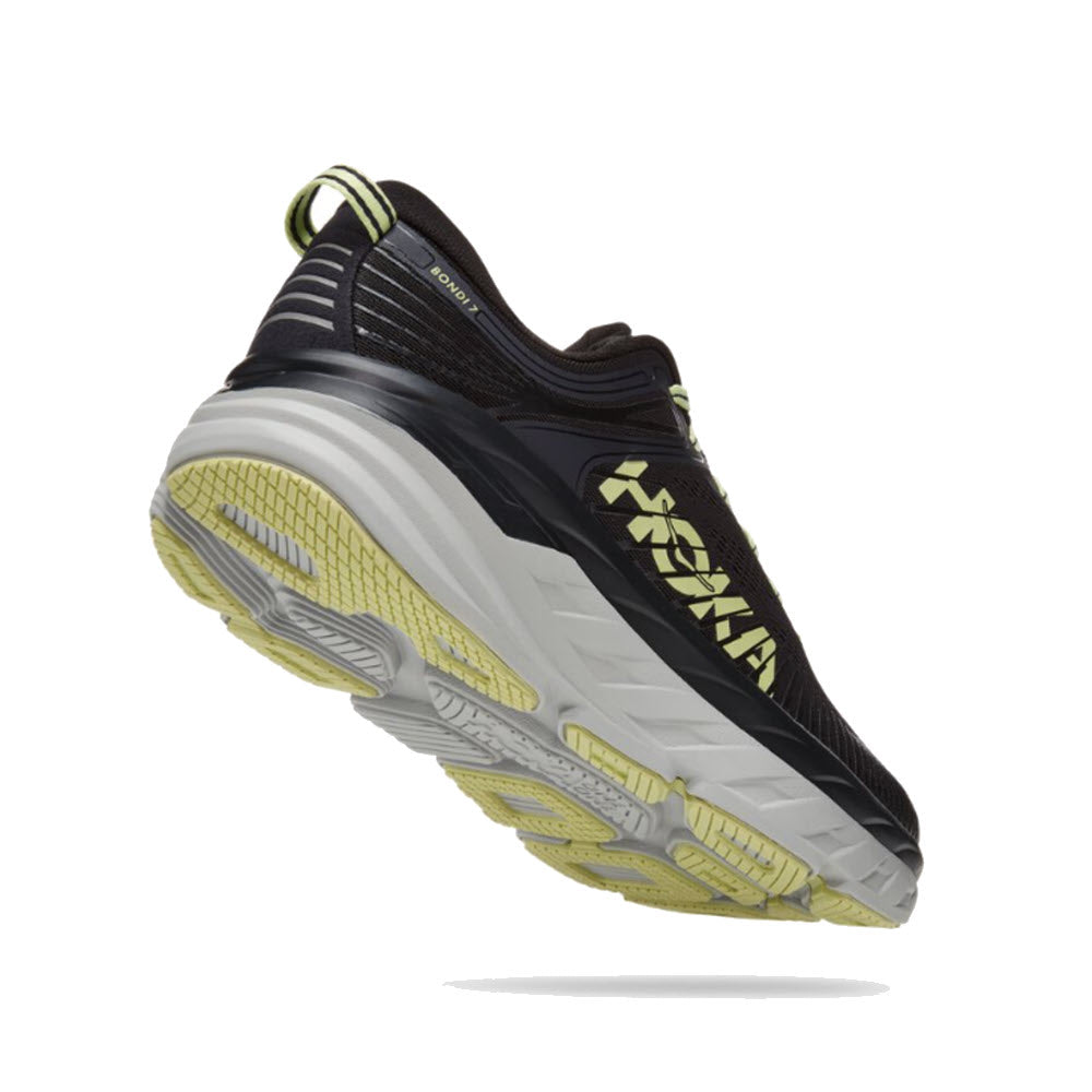A Hoka Bondi 7 running shoe with a blue graphite upper and a butterfly yellow outsole floating against a white background.