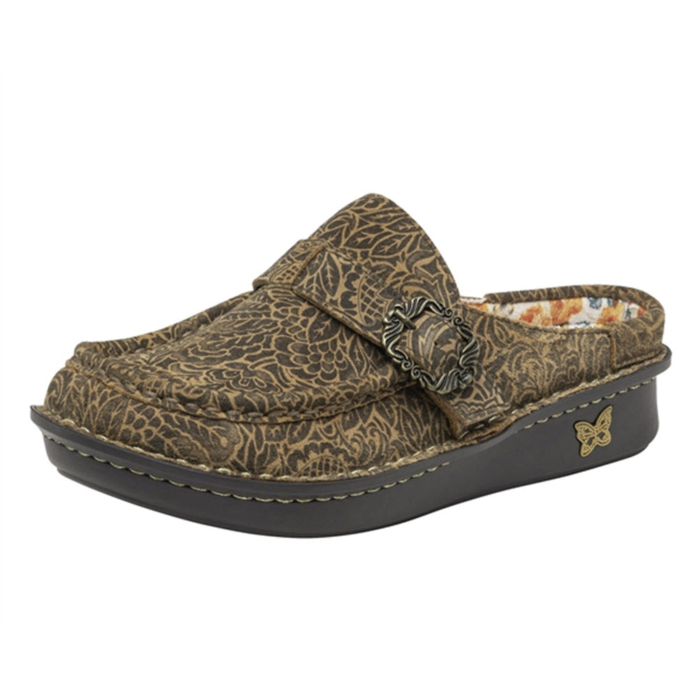 A Alegria Brigid Freedom Rock clog with a slip-resistant outsole, featuring a floral interior lining and a small butterfly emblem on the side.