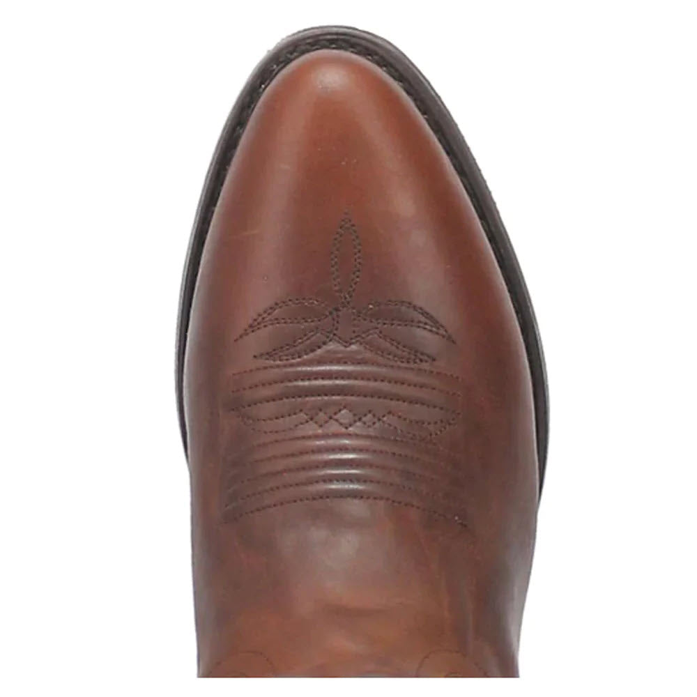 Close-up of a Dan Post cottonwood rust 13 inch cowboy heel - mens with Western stitching on the toe.