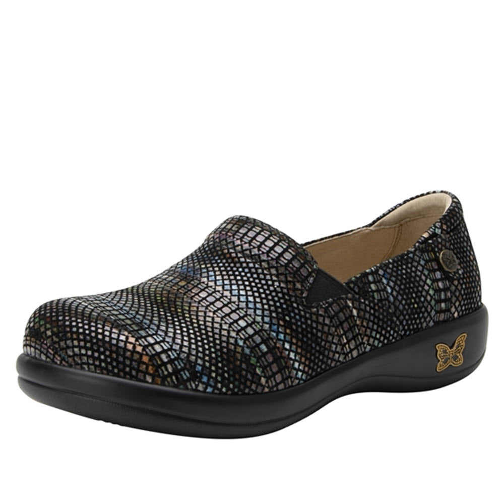 Women&#39;s Alegria Keli Earthy Lux slip-on shoe with a mosaic design and a small emblem on the side, featuring an Alegria footbed.