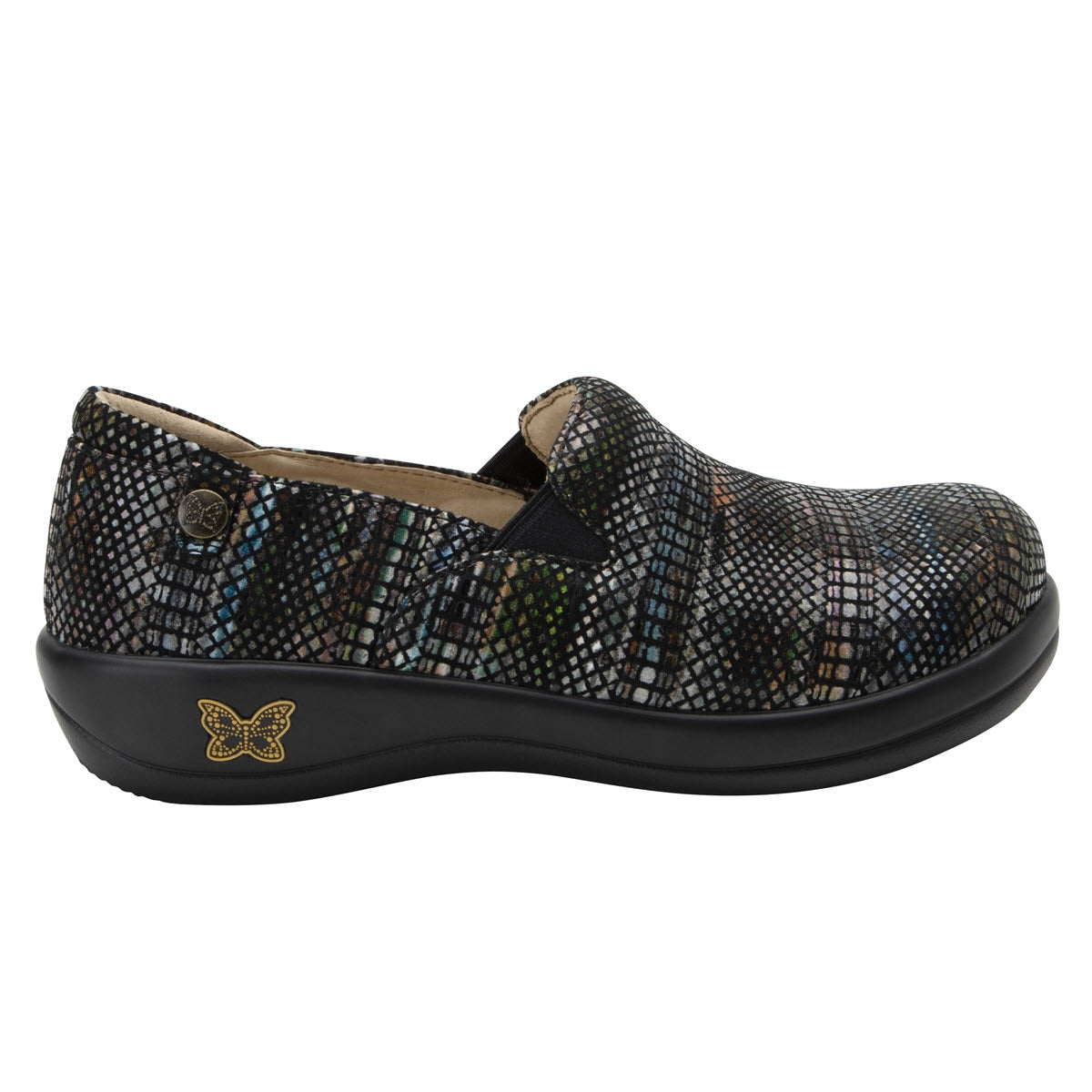 A patterned slip-on shoe with a butterfly emblem on the side and an Alegria footbed for enhanced comfort. (Replace with: ALEGRIA KELI EARTHY LUX - WOMENS by Alegria)