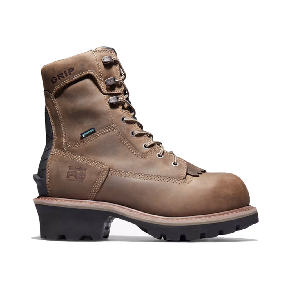 A Timberland Evergreen NT Insulated Logger Coffee - Mens work boot with a high ankle, lace-up front, and thick rubber sole featuring composite safety-toe, presented against a plain white background.
