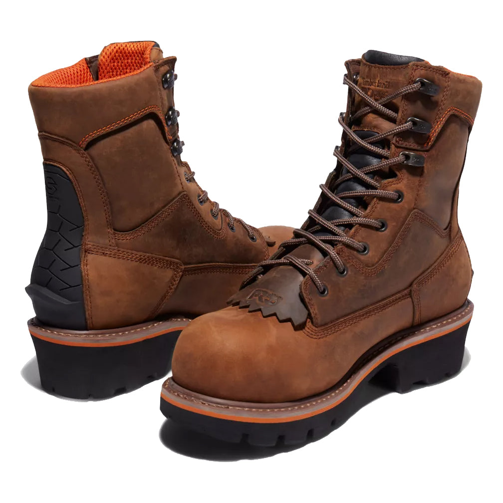 A pair of Timberland Evergreen NT Waterproof Logger Brown work boots with black soles and electrical hazard protection.
